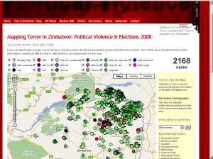 Mapa da violência nas eleições do Zimbábue. Clique na imagem para acessar o site.